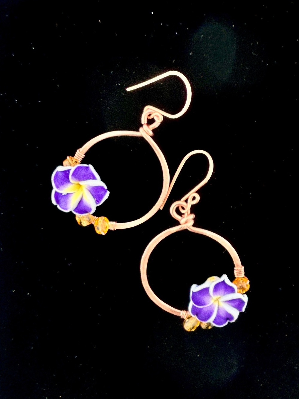 HANDMADE Polymer Clay Copper Wire Wrapped Dangle Earrings, Floral Jewelry Gift